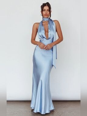 NWT Selfie Leslie Satin Halter Maxi Dress in Pale Blue - Size M